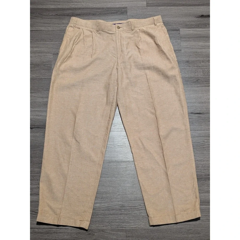 Alan Flusser Men's Brown Linen Blend Pleated & Cuffed Wide Leg Pant Size 40x30